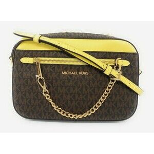 New Michael Kors Jet Set Large Zip Chain Crossbody Brown / Buttercup